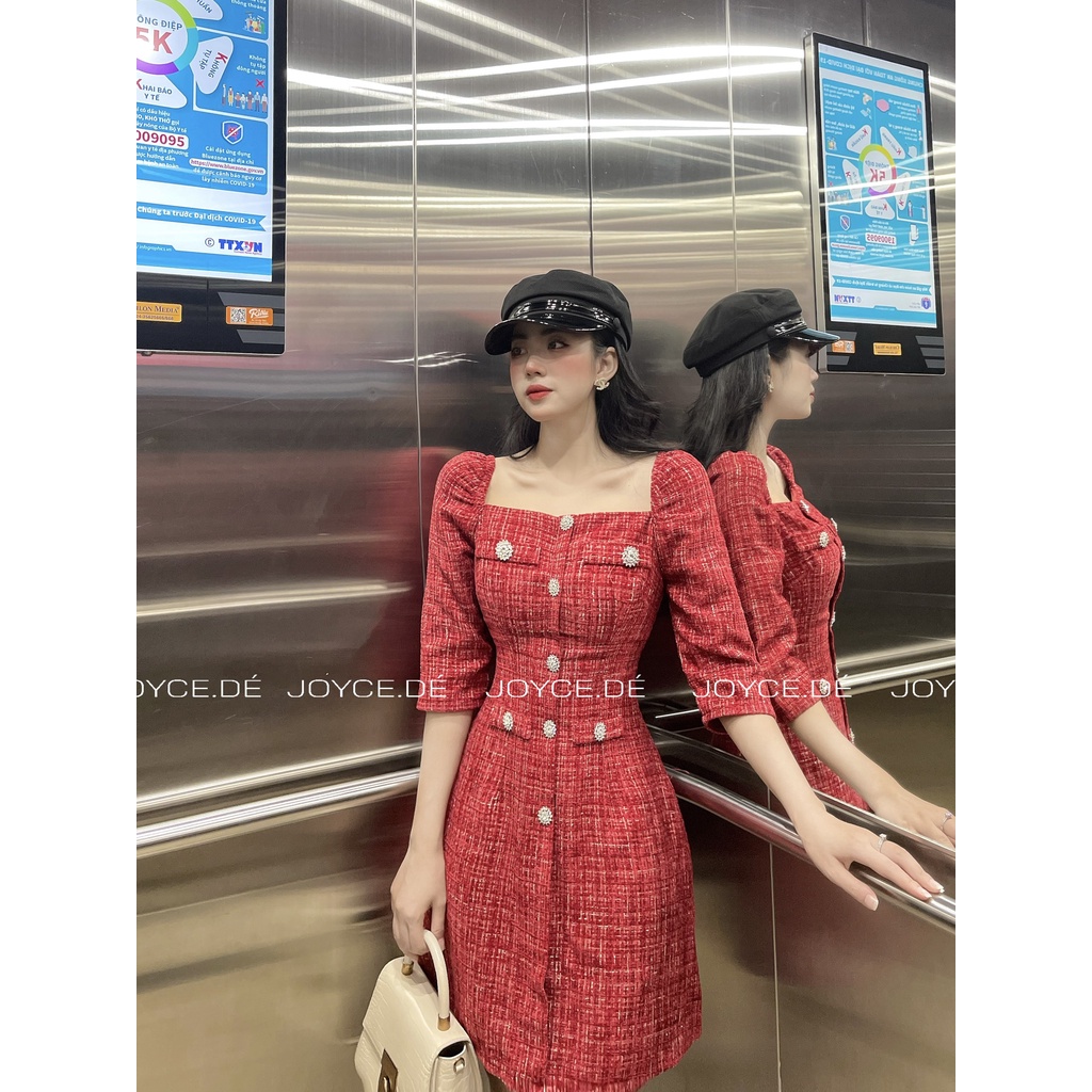 Váy dạ tweed cúc ngọc tay lửng | BigBuy360 - bigbuy360.vn