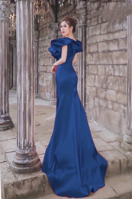 Đầm ạ hội bèo vai 2 tầng đính hoa 3 D