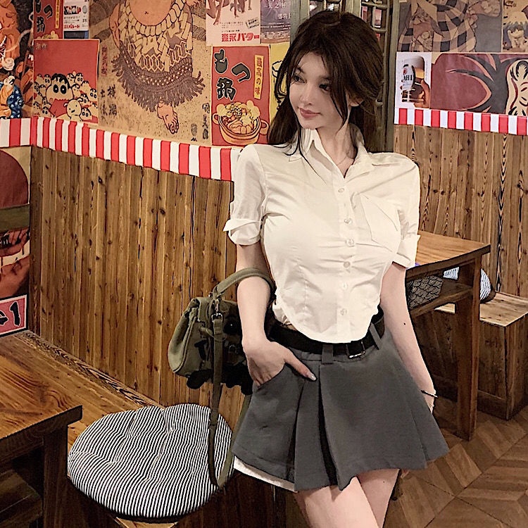 Áo Sơ Mi Ngắn Tay Ôm Eo Có Cổ Thời Trang Dành Cho Nữ