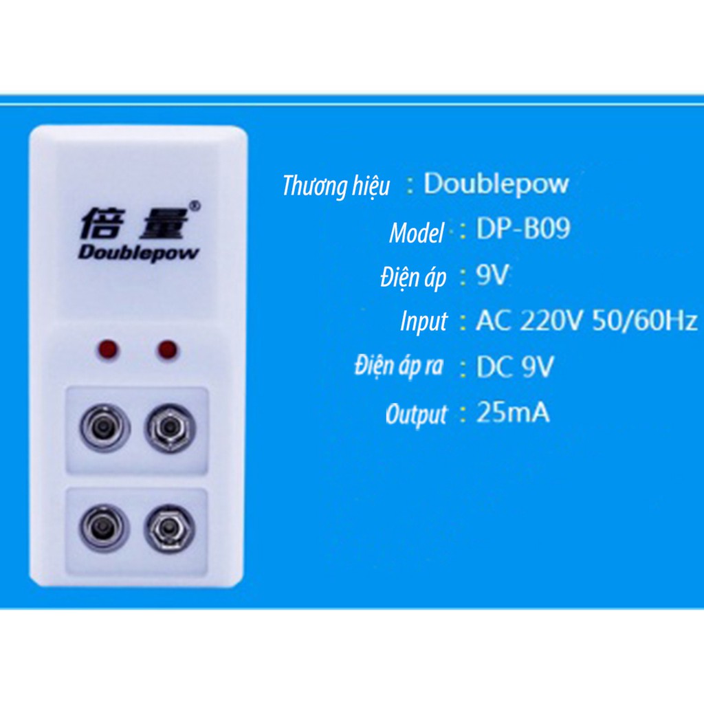 Pin vuông 9v sạc lại + tặng bộ sạc Doublepow