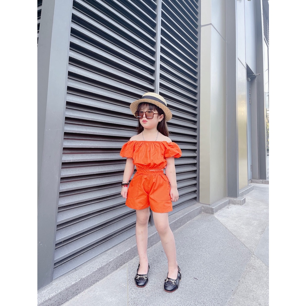 Set áo trễ vai tay bồng 2 lớp kèm quần short thô mềm cho bé gái