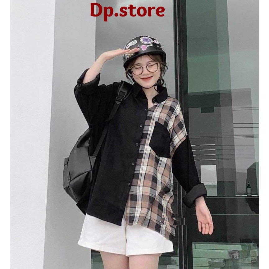 Áo sơ mi nữ phối kẻ nâu caro form rộng dài tay đẹp, thun kiểu oversize phong cách retro hssv