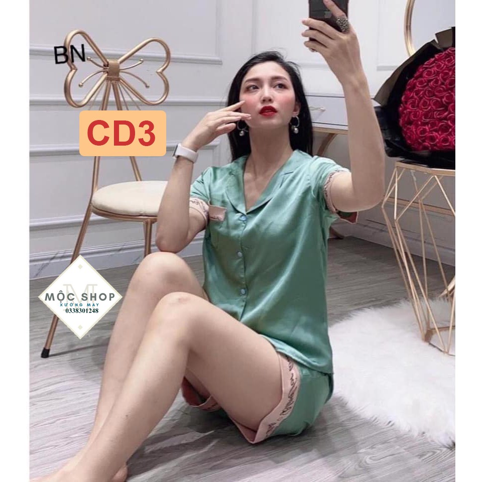 Bộ lụa satin viền chữ Cộc Đùi