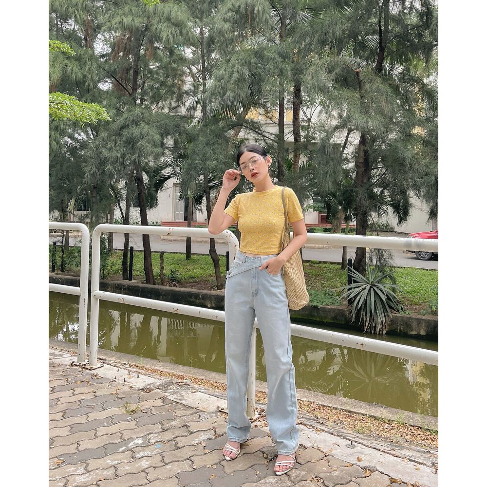 Quần jeans ống suông lưng cao đai chéo MIEU (Đậm/ Nhạt) - GO10