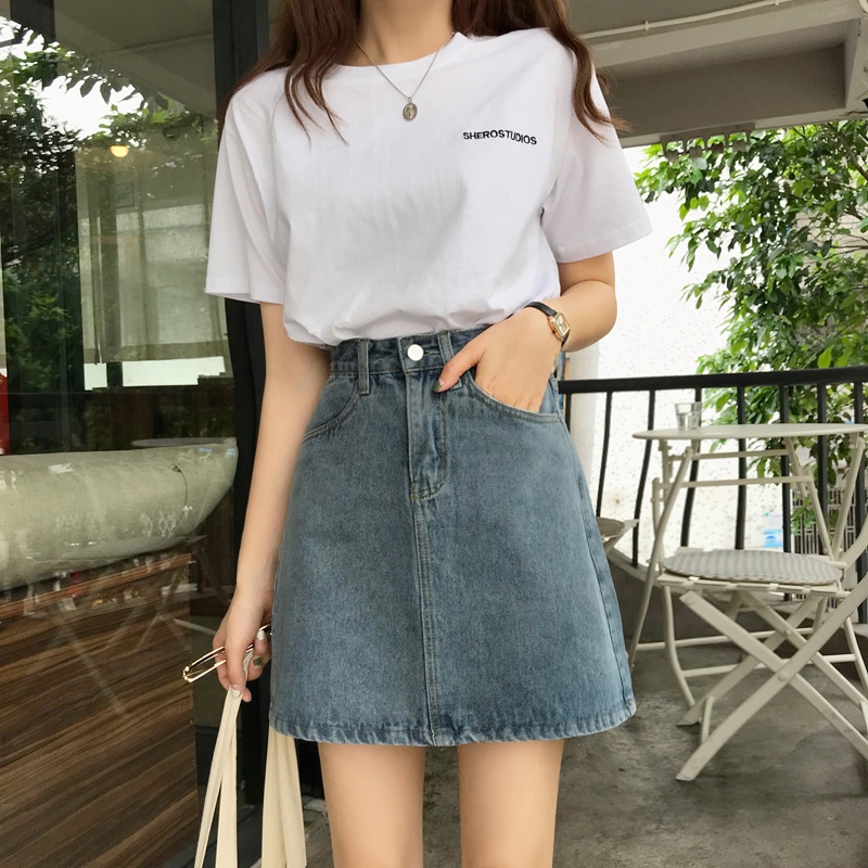 Chân váy jean denim ngắn chữ A Chân váy bò ngắn Lưng cao Hàn Quốc Thiết kế Retro Vintage Thời trang