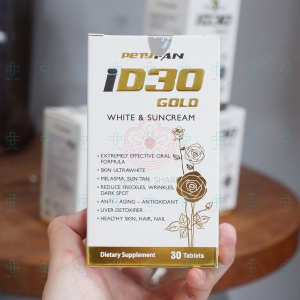 Viên uống trắng sáng da PETYFAN ID30 Gold White &amp; Suncream - Glutathione, Đẹp Da, Trắng Da (Lọ 30 Viên) [Chính Hãng]