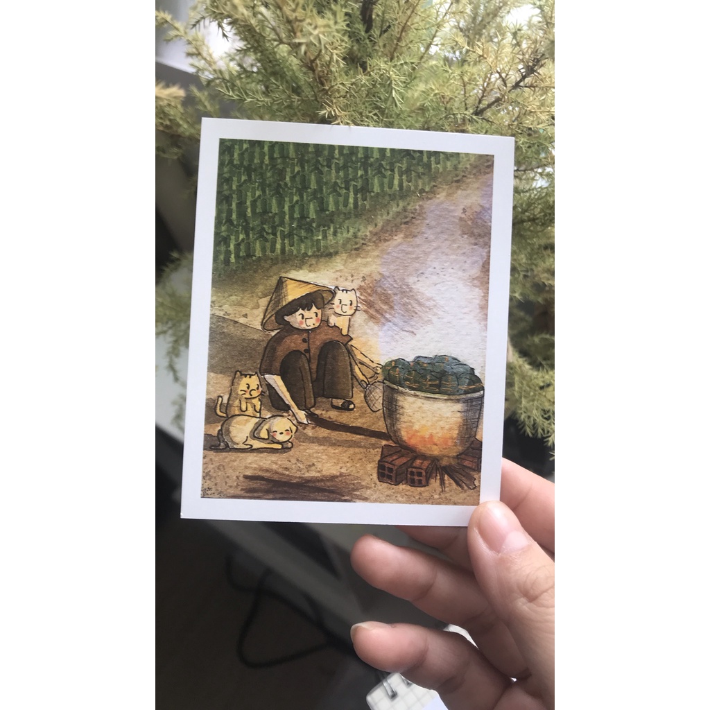 [Tranh họa sĩ] Postcard thiệp tô màu &quot;Đón tết&quot; của @convecho, giấy vẽ coldpress 300gsm