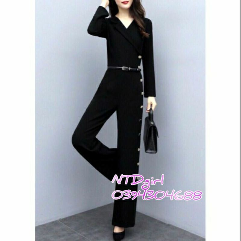 Hàng nhập - Jumpsuit dài cổ vest thanh lịch, bộ jum đồ bay ống suông đính nút