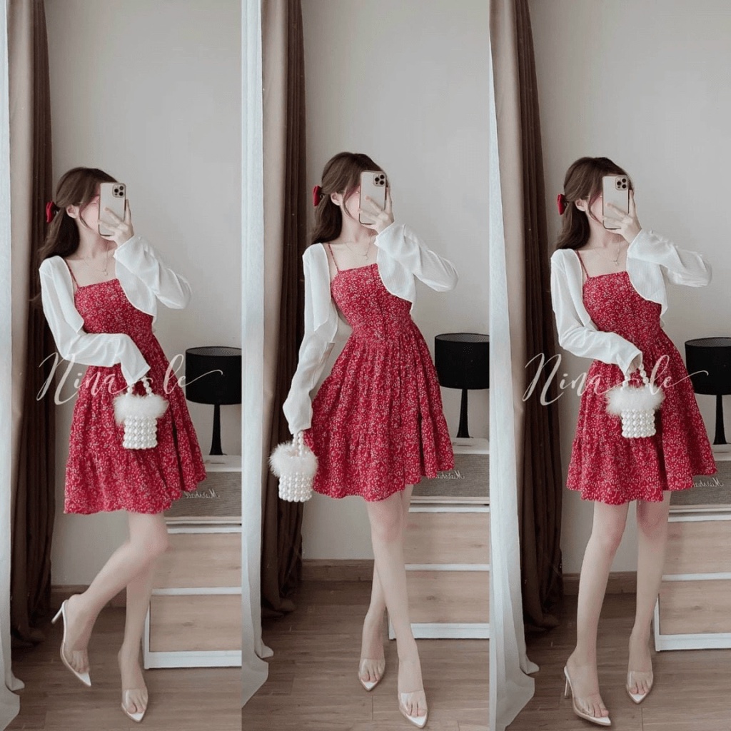 ĐẦM HOA HAI DÂY NỮ CÓ MÚT NGỰC PHỐI ÁO KHOÁC LỬNG TÔN DÁNG CỰC XINH NHƯ HOTGIRL