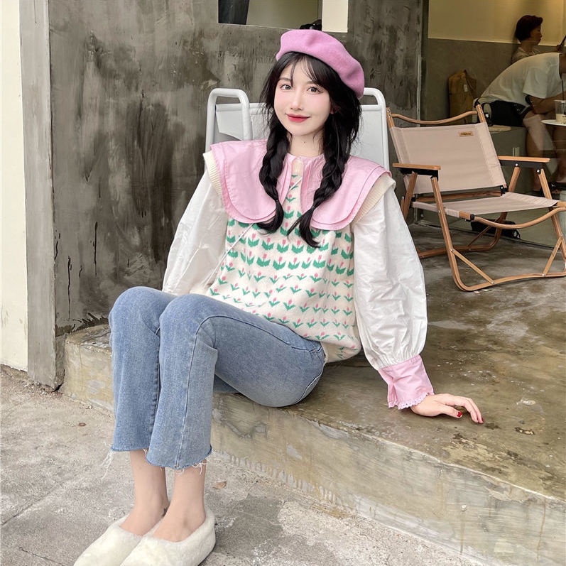 Bộ Áo Khoác Vest Dệt Kim + Áo Sơ Mi Tay Dài Cổ Búp Bê Xinh Xắn Cho Nữ