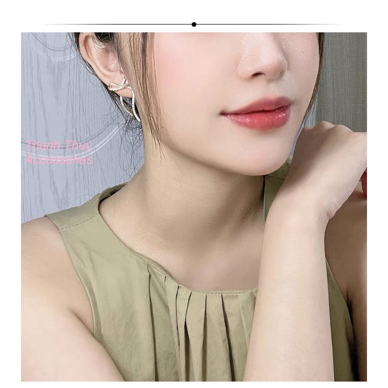 Bông tai nơ có thể tháo rời dát đá zircon mạ bạc 925 sang trọng tinh tế