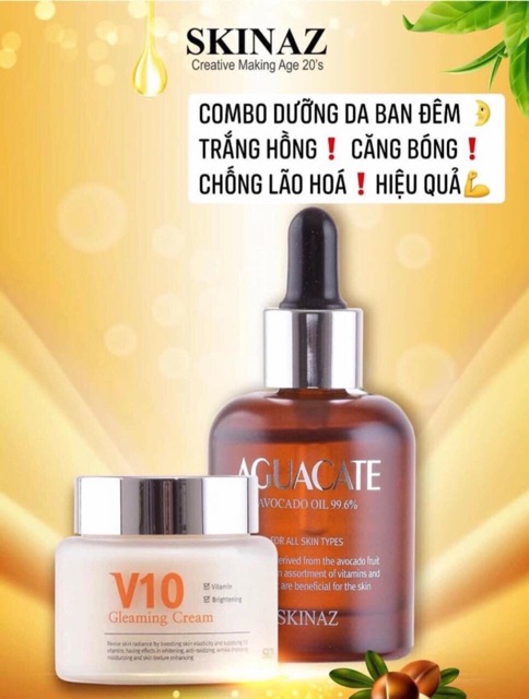 Combo Skinaz  dưỡng trắng da ban đêm ( V10 + bơ )