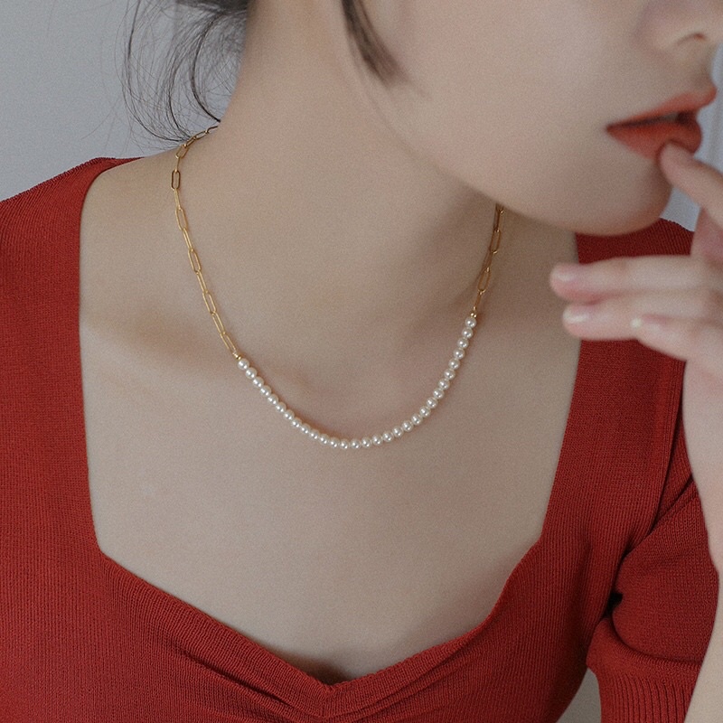 Bộ trang sức titan vàng mix hạt ngọc trai nhân tạo 6ly