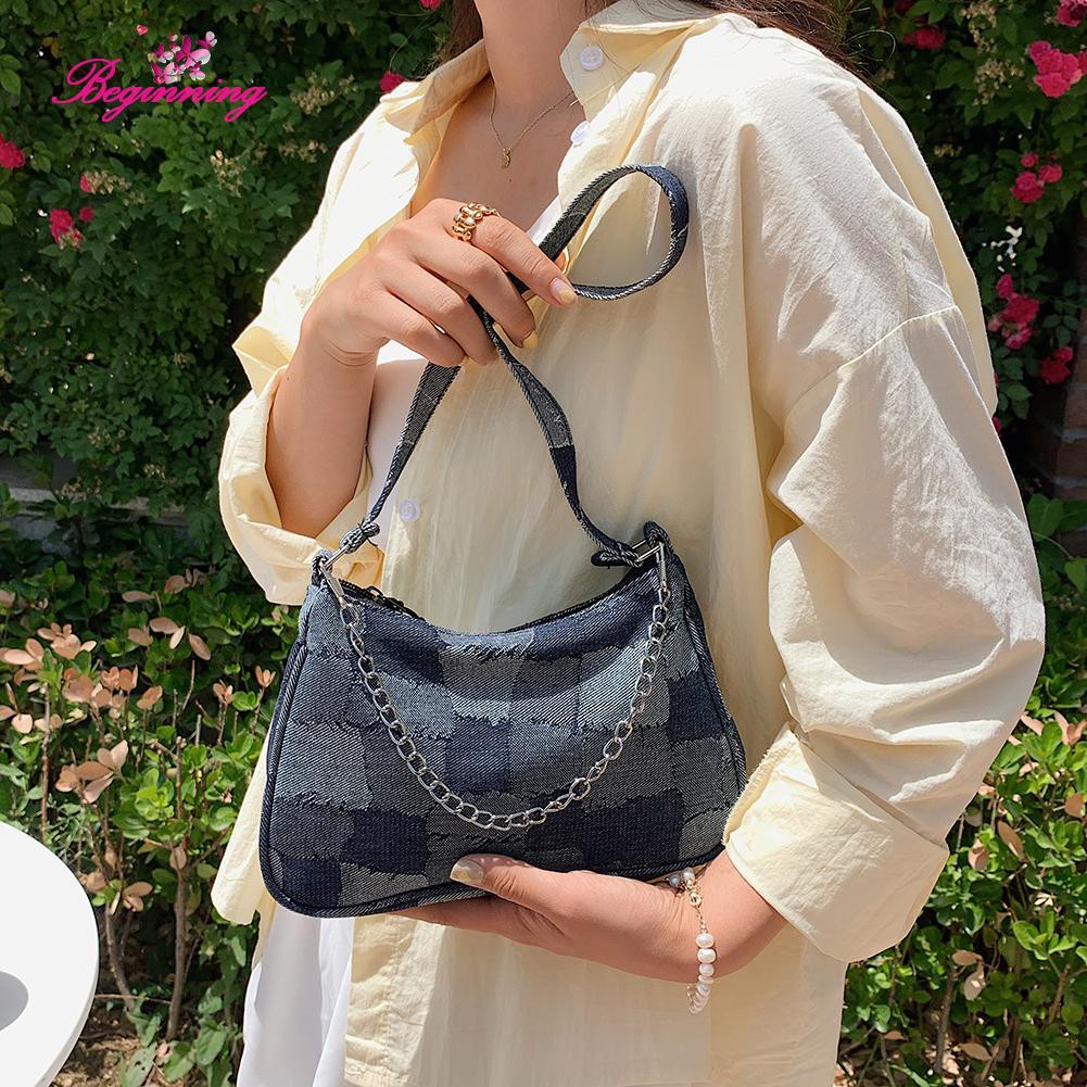 ❀beginning❀Exquisite Women Denim Hit Color Shoulder Underarm Bag Grid Chain Handbags❀