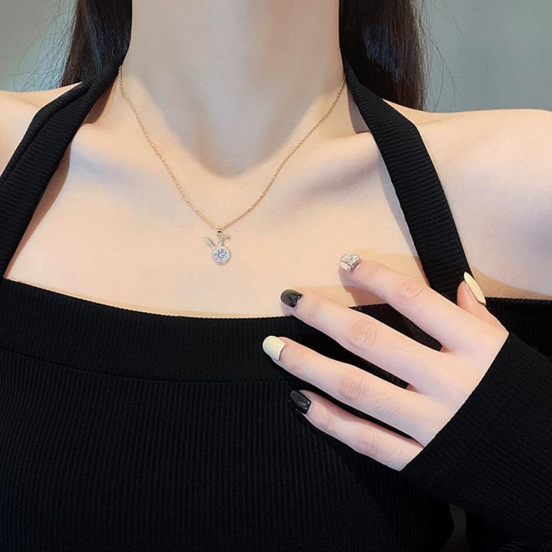 XiaoboACC Vòng Cổ Bằng Thép Titan Phối Mặt Hình Thỏ Đính Đá Zircon Xinh Xắn 38cm+6cm