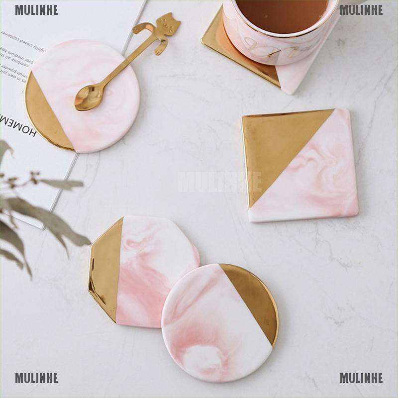 Đế Lót Ly Bằng Gốm Chống Trượt Họa Tiết Cẩm Thạch Màu Vàng Hồng Phong Cách Châu Âu