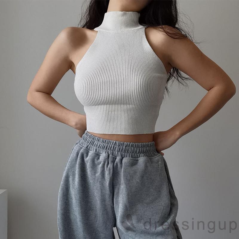 Áo Crop Top Dệt Kim Cổ Tròn Không Tay Màu Trơn Có Gân Cho Nữ