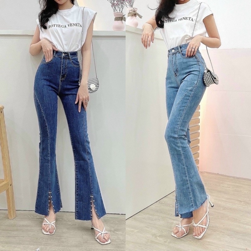 [Hàng chất lượng]Quần jean Ngọc Trinh ống loe thiết kế xẻ gấu đính ngọc Quần bò ống loe Hàn