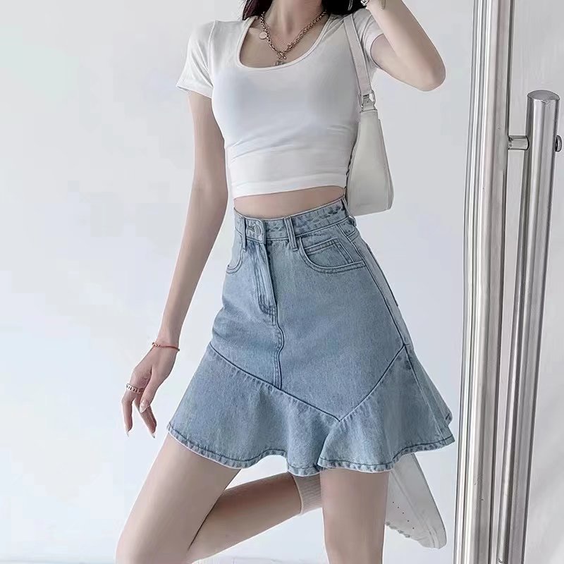 Chân váy SUXI jean chữ A lưng cao màu sắc đơn giản quyến rũ cho nữ