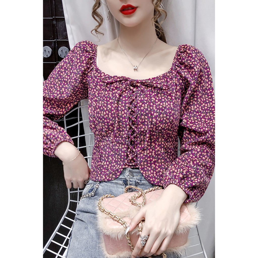 Áo Sơ Mi Tay Phồng Họa Tiết Hoa Thời Trang Cho Nữ
