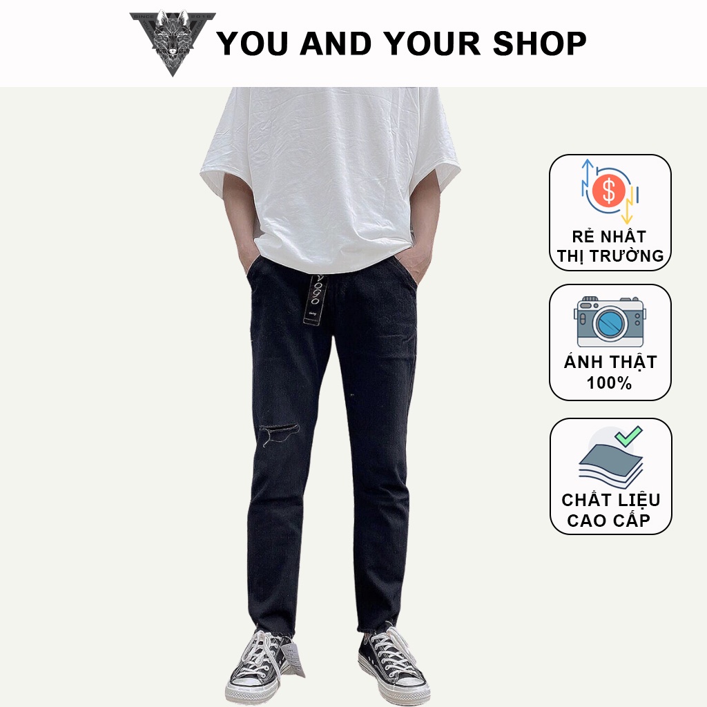 Quần Jean YAYSHOP dáng suông Rách gối nam đen unisex tôn dáng