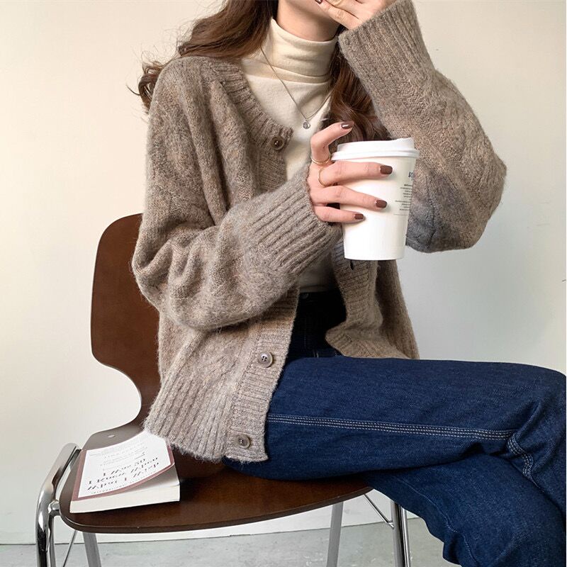 Áo khoác cardigan dệt kim cổ tròn tay dài dáng rộng 48238