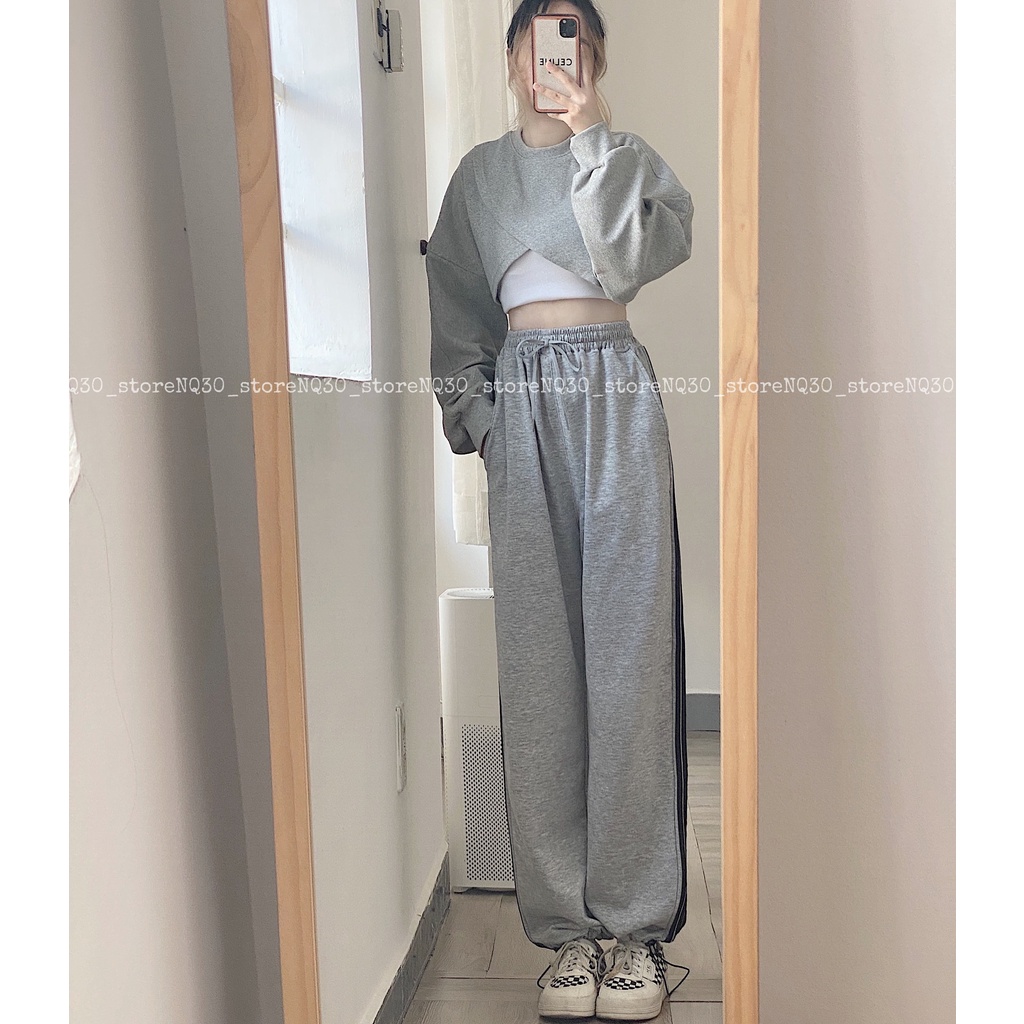 Quần Jogger Ống Rộng 3 Sọc Rút Dây Nam Nữ Unisex