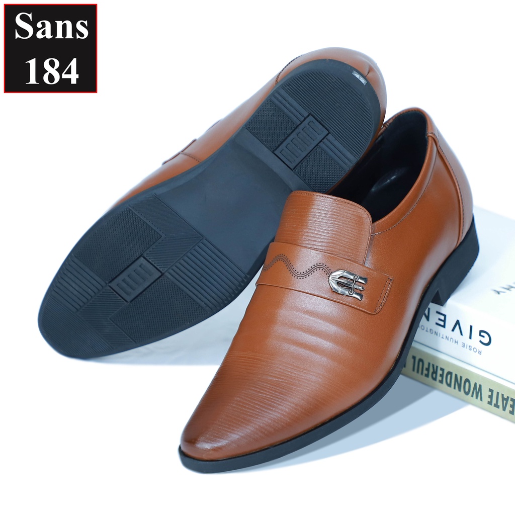 Giầy tăng chiều cao nam 7cm da bò thật Sans184 giày tây độn đế dày lười đẹp âu nâng gót màu đen nâu không dây cao cấp