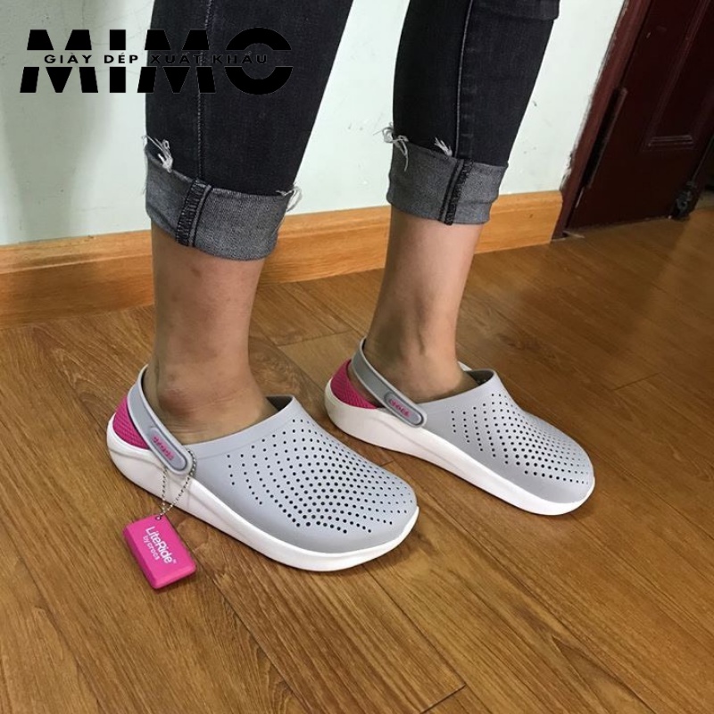 Dép Cross Literide ghi hồng, dép sục nhựa đi mưa cực êm mềm nhẹ, thoáng khí, full box cho nữ
