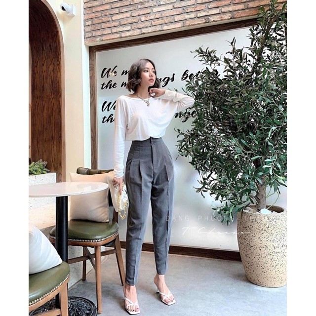 Chất dày đẹp- Form chuẩn  Quần baggy nữ cạp cao 2 cúc chiết ly xinh xắn giúp eo thon hit hot bao chất, QUẦN TÂY