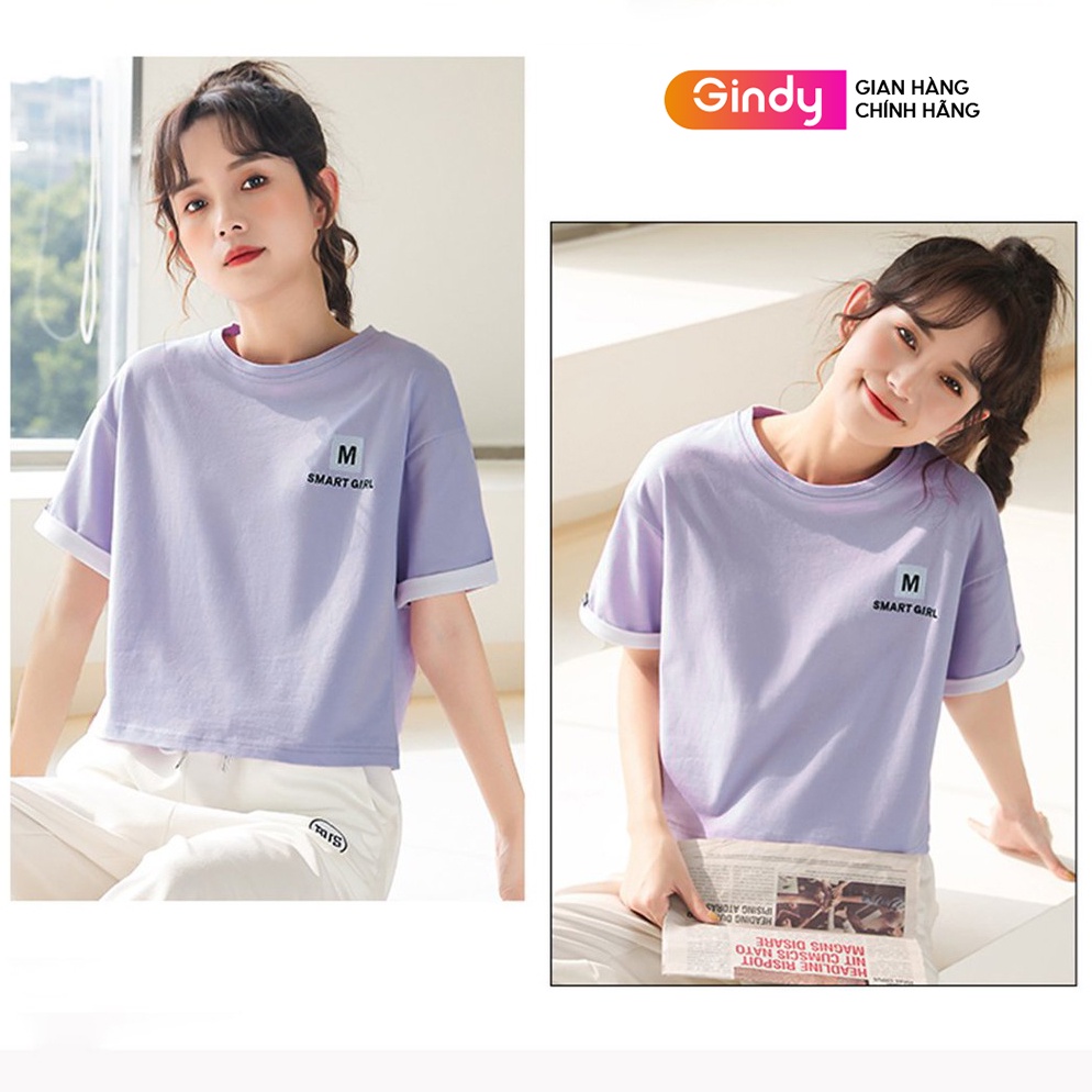 Áo phông cotton thun nữ cổ tròn tay lỡ kiểu cao cấp GINDY SMART GIRL dáng basic unisex thoáng mát thời trang nữ A6175