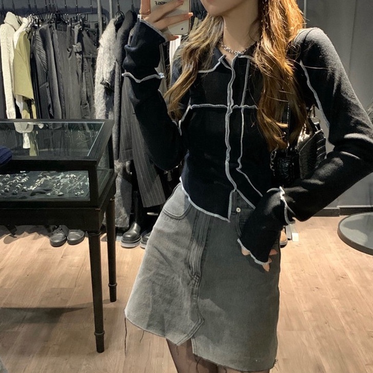 QKOOLE  Áo dệt kim tay dài cổ POLO phong cách Hàn Quốc cho nữ