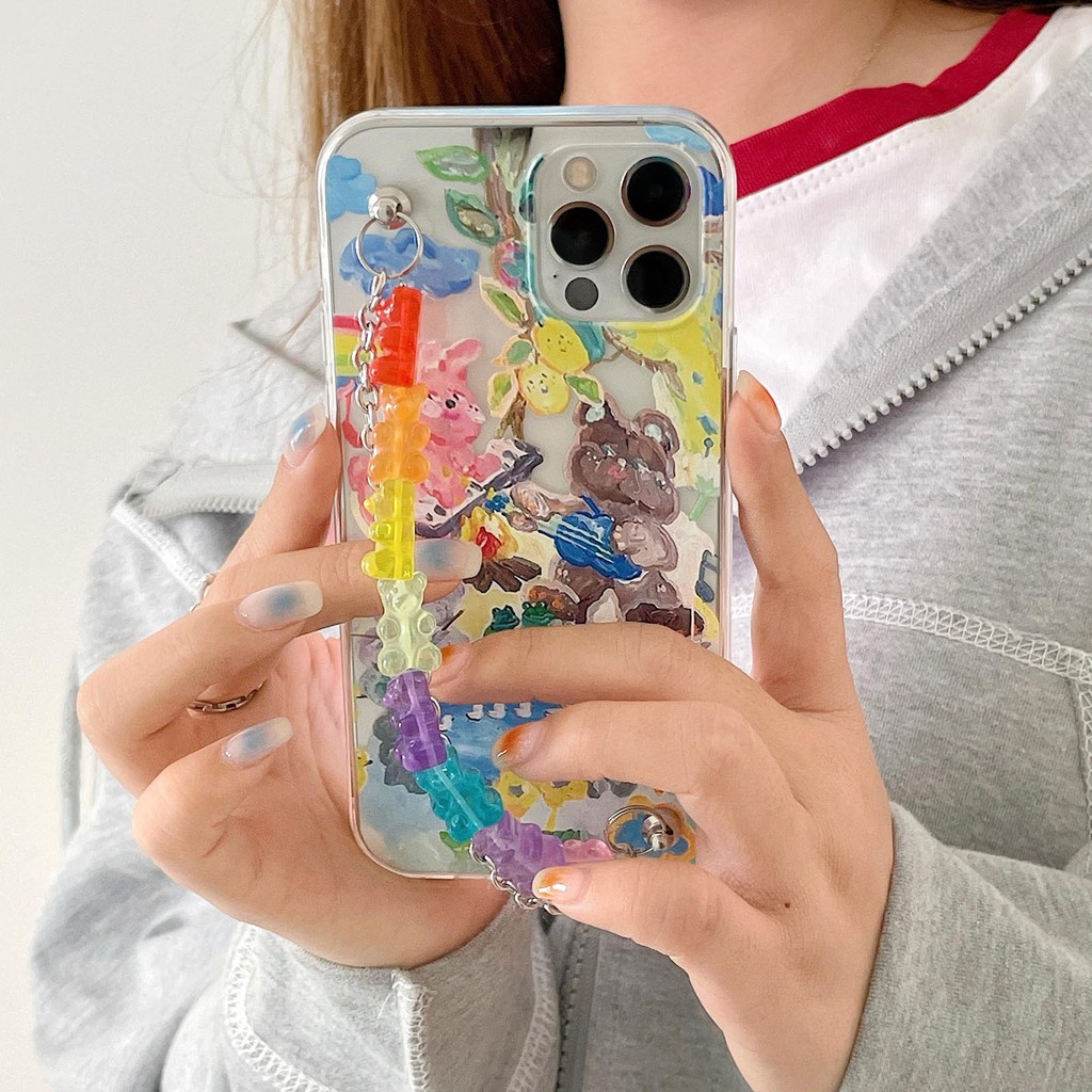 Luxury Cartoons Chain transparent Phone Case For iphone 12 Pro Mini 11 12 pro max  11 pro max  7 8 plus X XR XS Max SE 2020 Soft Bear Pearl Bracelet Clear Protective Cover