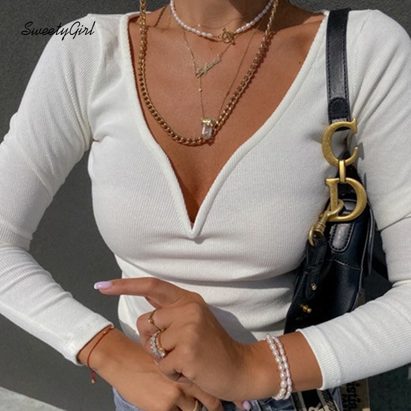 Áo Thun Tay Dài Cổ Chữ V Khoét Sâu Màu Sắc Trơn Quyến Rũ Thời Trang Cho Nữ 2022