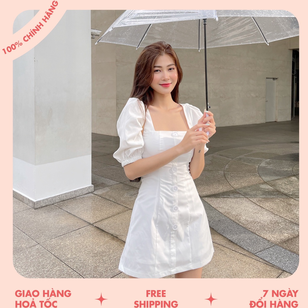 Đầm ngắn HEYBEE cổ vuông phối tay phồng ngắn, chất vải kate trắng siêu yêu (3 màu) - HARMONY DRESS HT682.