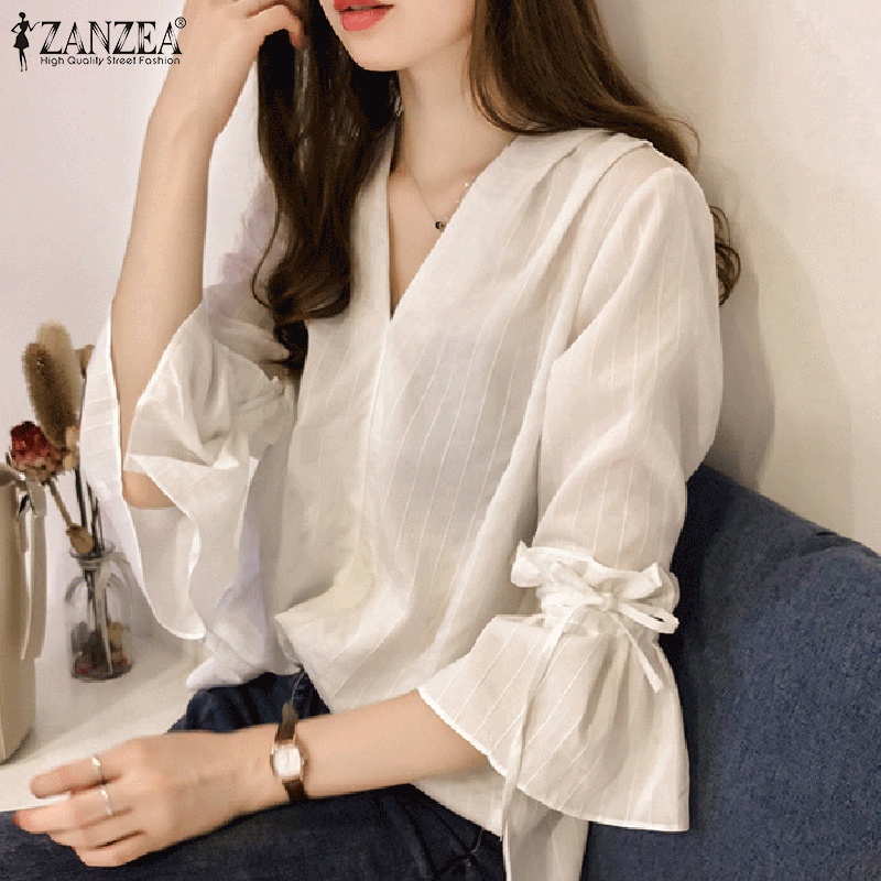 Áo kiểu ZANZEA cổ V tay áo 3/4 in sọc phong cách hè sành điệu cho nữ