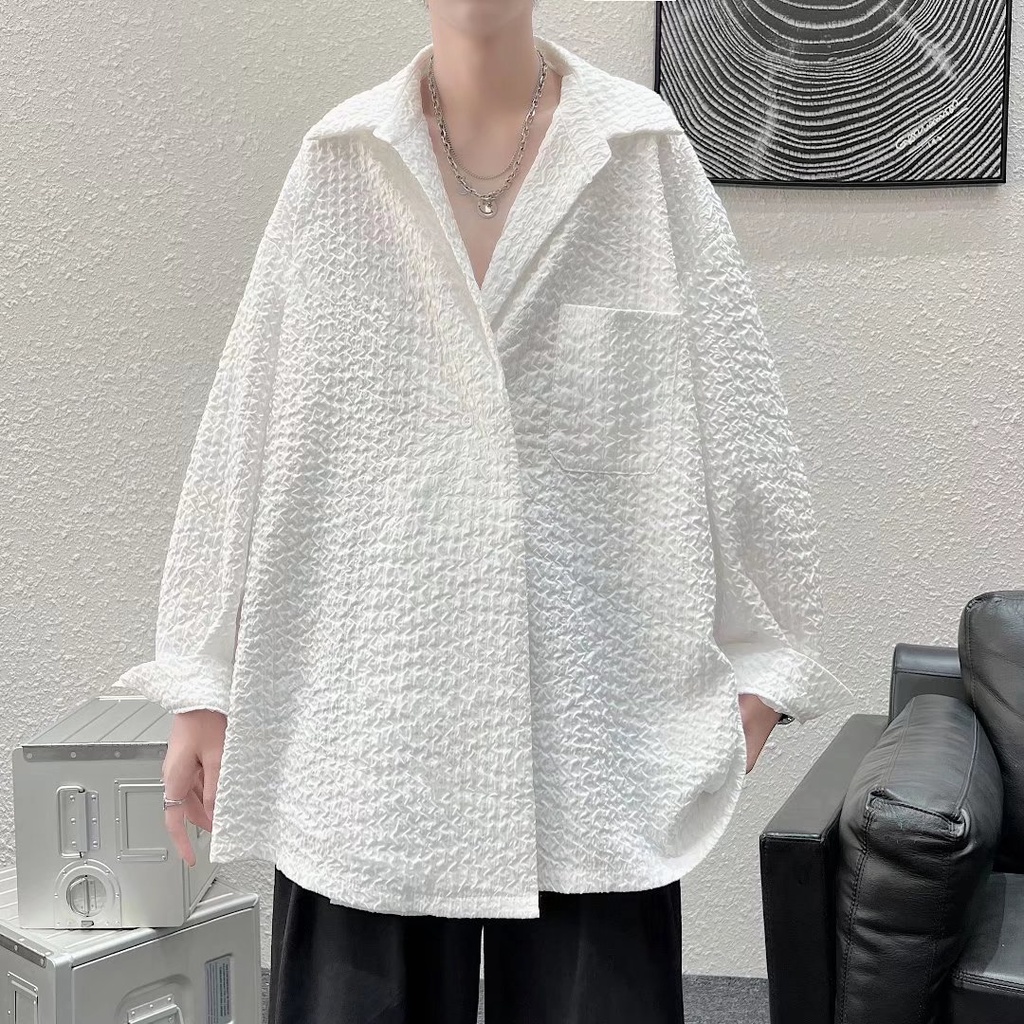 [M-2XL] Áo Sơ Mi Nam Dài Tay Xếp Ly Màu Trắng Phong Cách Hàn Quốc Mới