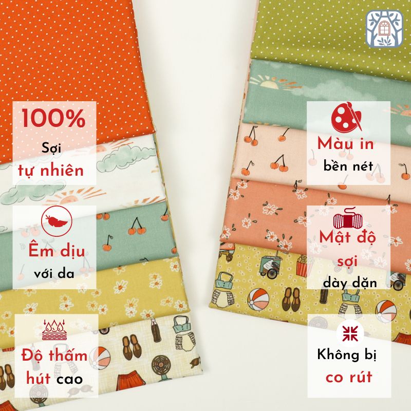 CS22-42 Vải cotton 100% tự nhiên🍒CHUANSHUI🍒 khổ vải 110cm MÙA HÈ RỰC RỠ- vải đẹp handmade, quilt, may vá