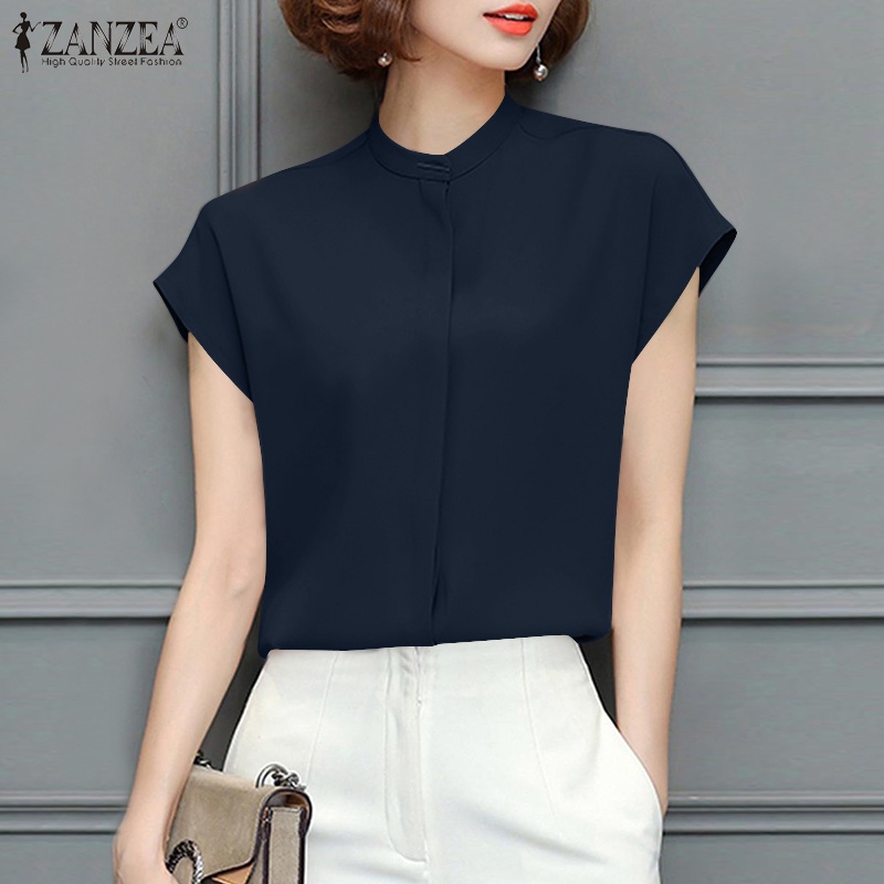 Áo sơ mi Zanzea tay ngắn dáng rộng màu trơn cài nút thanh lịch cho nữ