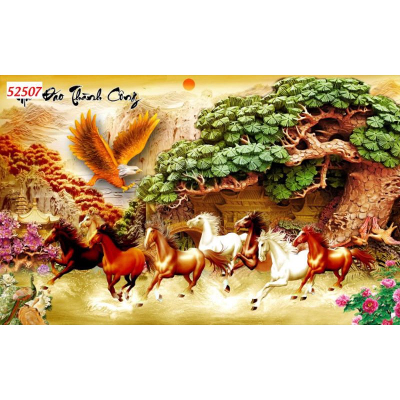 Tranh 3D dán tường phòng khách Mã Đáo Thành Công nhiều kích thước hình ảnh sắc nét