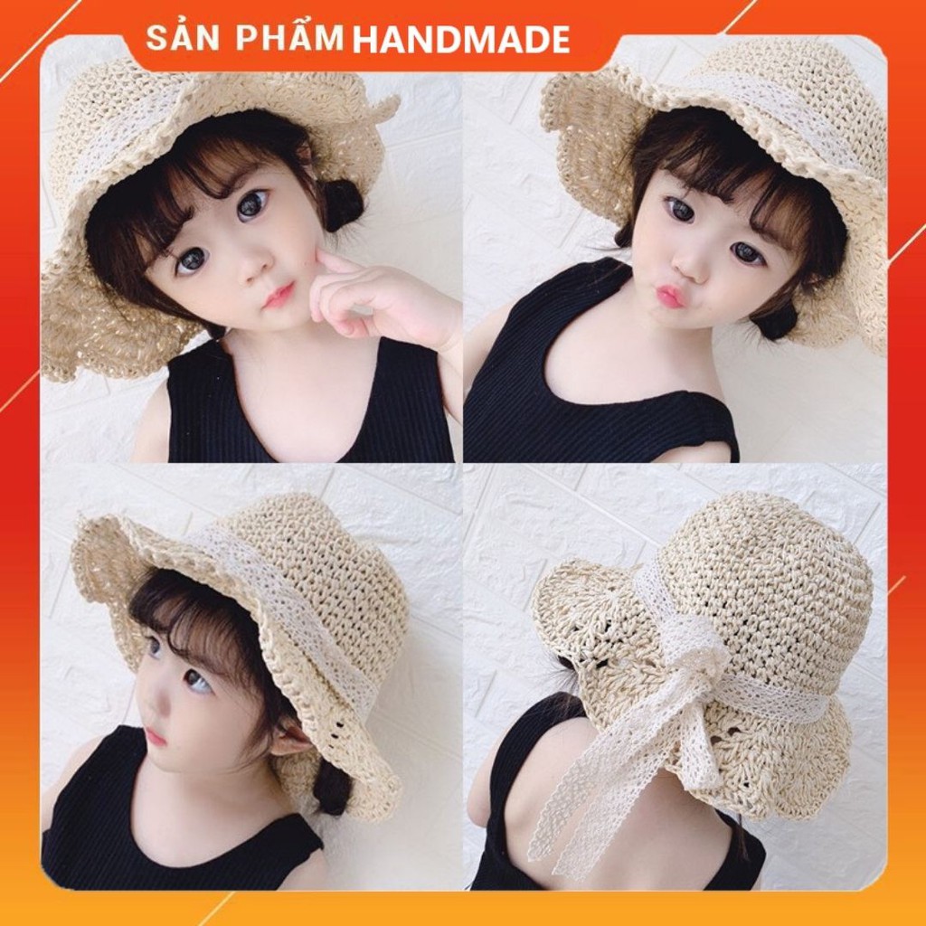 Mũ Cói HANDMADE Phong Cách Vintage Nón Cói Phối Ren Cực Xinh Siêu Thoáng Cho Bé Gái Từ 1 Đến 7 Tuổi