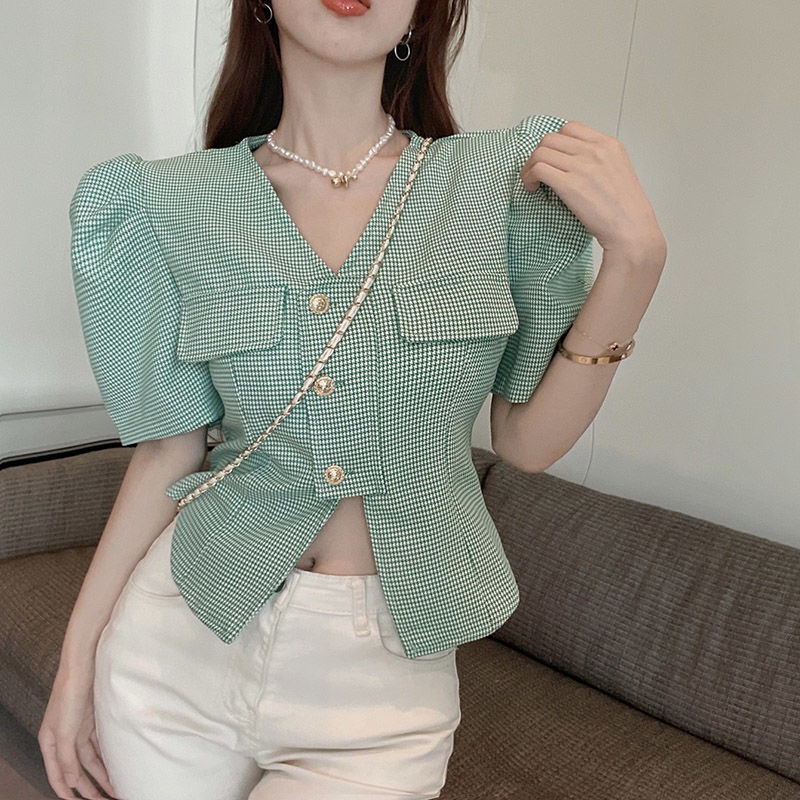 COZOKC Áo Sơ Mi Tay Bồng Dáng Ôm Hoa Văn Kẻ Ô Dễ Phối Đồ Thời Trang