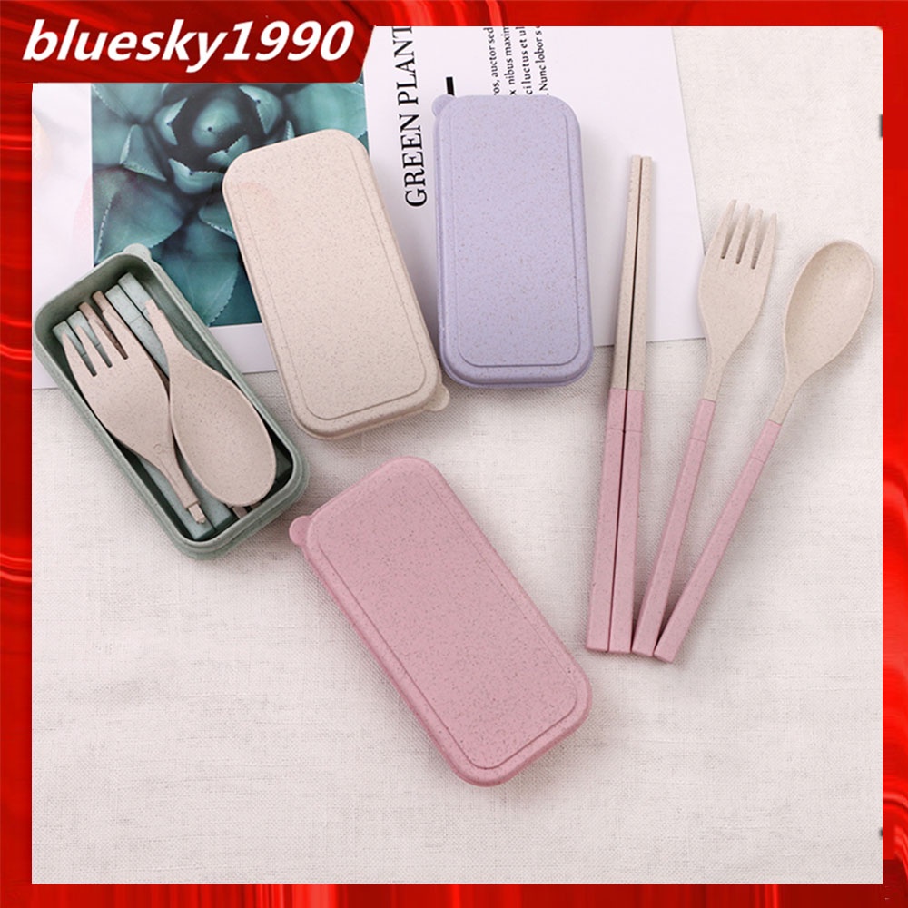 Set 3 Món Đũa Muỗng Nĩa Bằng Lúa Mạch Kèm Hộp Đựng Tiện Lợi