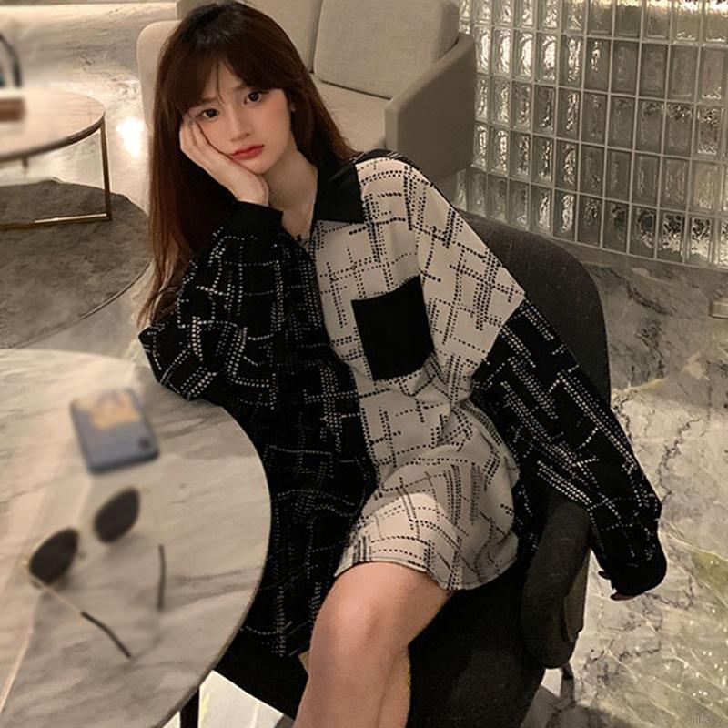 Áo Sơ Mi Dáng Dài Phối Màu Tương Phản Cá Tính Cho Nữ