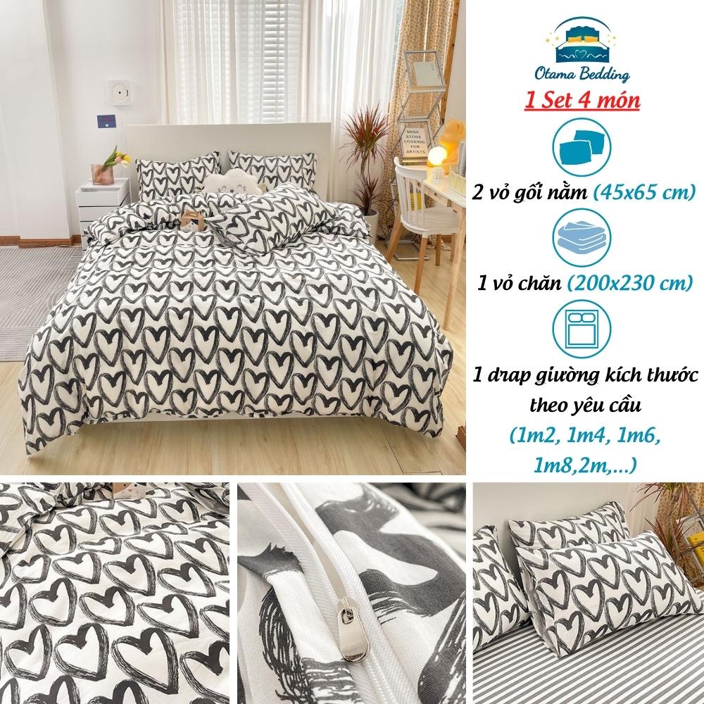 Bộ 4 món chăn ga gối drap cotton poly mềm mại, Bộ chăn ga kèm vỏ gối cao cấp chất poly cotton mùa hè - Otama Bedding