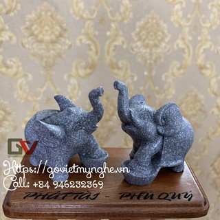 [Tượng con voi] Combo 2 Tượng voi đá trang trí phong thủy dáng voi đạp thỏi vàng chiêu giữ tài lộc - Đế gỗ - Màu xám