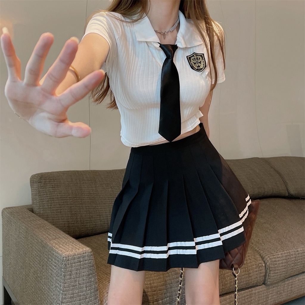 Áo polo đồng phục ZHELIHANGFEI tay ngắn có cà vạt thiết kế quyến rũ thời trang cho nữ