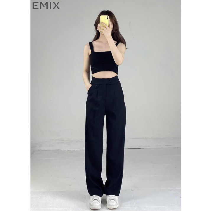 Quần suông cạp túi tam giác EMIX (4 màu), khóa cúc, dáng suông dài, form rộng, cạp cao, khóa giữa, chất ruby 255