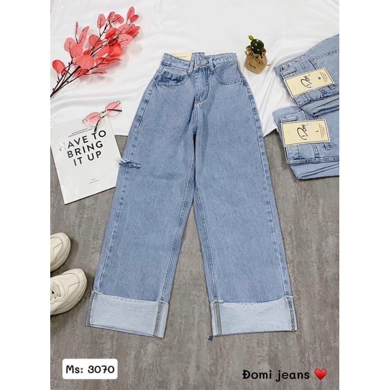 Quần Baggy Jeans Ống Rộng Cạp Lưng Cao Ống Xuông Trơn LẬT LAI - JJ0T