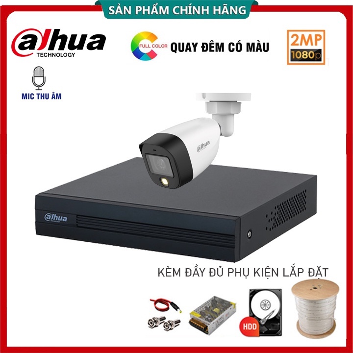 Bộ Camera quan sát DAHUA 2MP -Full HD 1080P Có màu quay đêm, Có Mic thu âm - Kèm HDD 500GB + Kèm đầy đủ phụ kiện lắp đặt